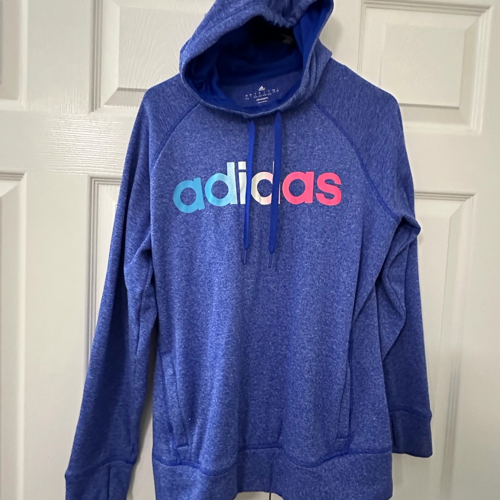 Adidas Heathered Blue Hoodie with Colorful Logo